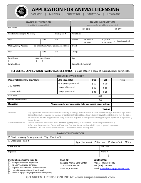 First page of the Animal Licensing Application