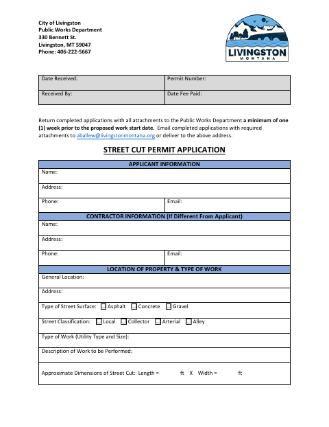 First page of the Street Cut Permit Application