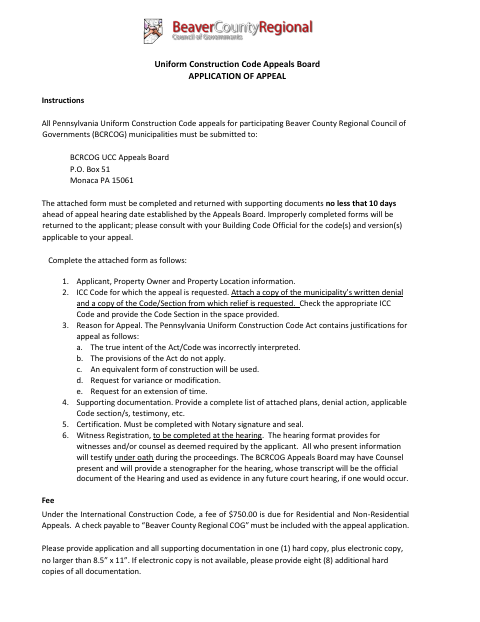 First page of the Uniform Construction Code Appeals Board Application Of Appeal