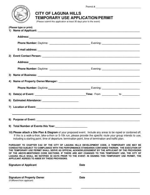 First page of the Temporary Use Application/Permit