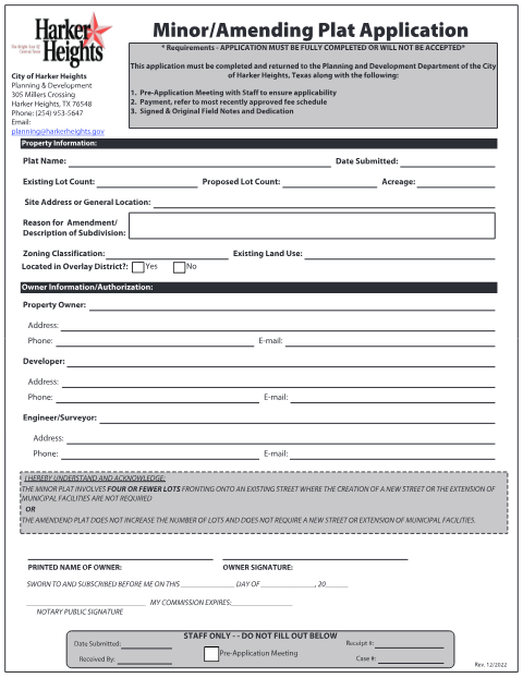 First page of the Minor or Amending Plat Application