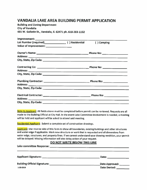 First page of the Lake Area Building Permit Application