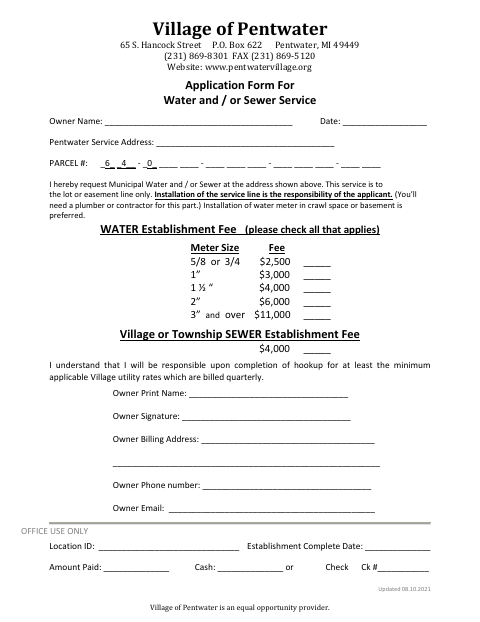 First page of the Application Form for Water and/or Sewer Service