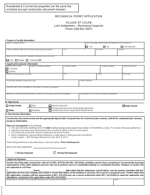 First page of the Mechanical Permit Application