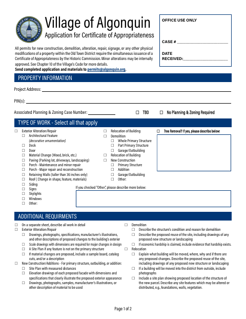First page of the Historic Preservation Application for Certificate of Appropriateness