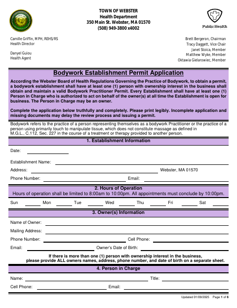 First page of the Bodywork Establishment Permit Application