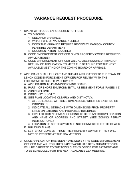 First page of the Variance Request Procedure and Application
