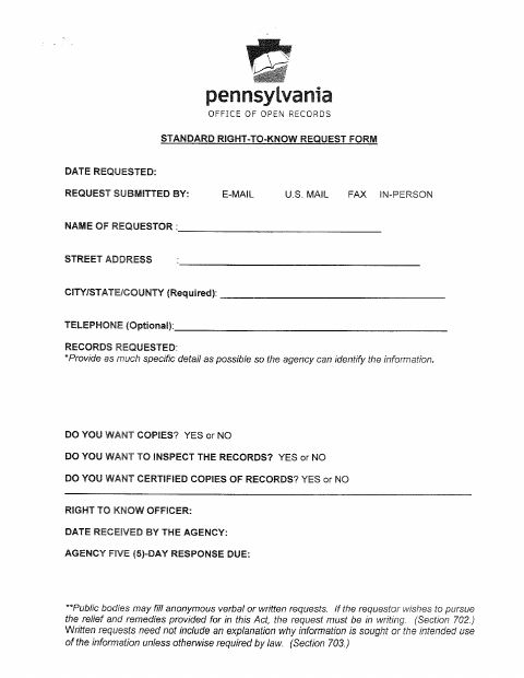 First page of the Right-to-Know Request Form