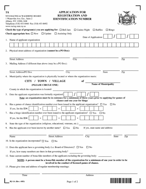 First page of the NYS Racing and Wagering Board Registration Application
