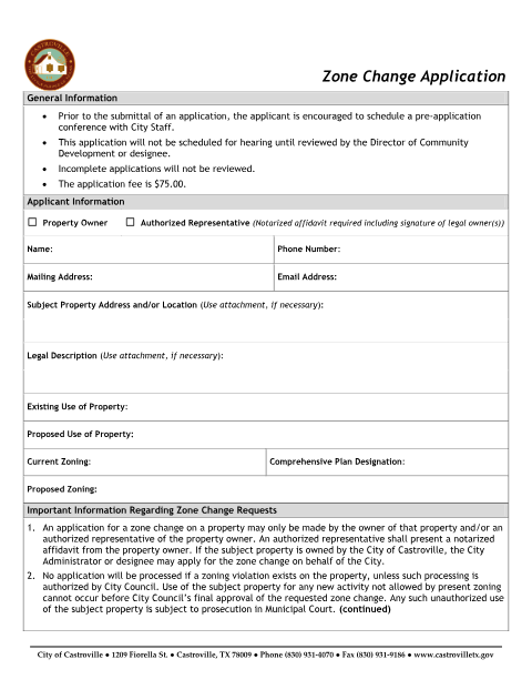 First page of the Zoning Change Application