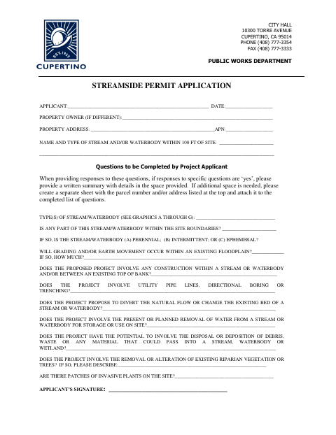 First page of the Streamside Permit Application