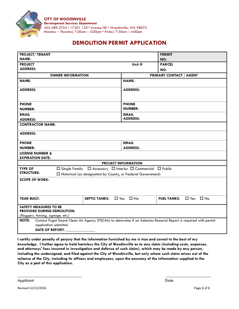 First page of the Demolition Permit Application