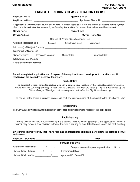 First page of the Change of Zoning Classification or Use