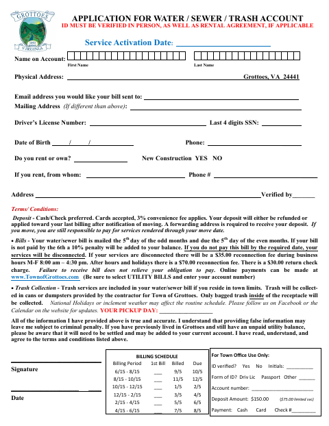 First page of the Application for Water/Sewer/Trash Account