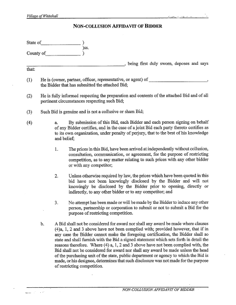 First page of the Non-Collusion Affidavit of Bidder