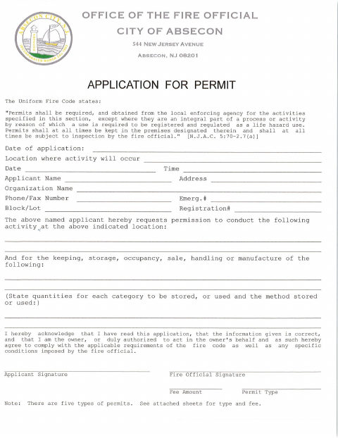 First page of the Fire Prevention Permit Application