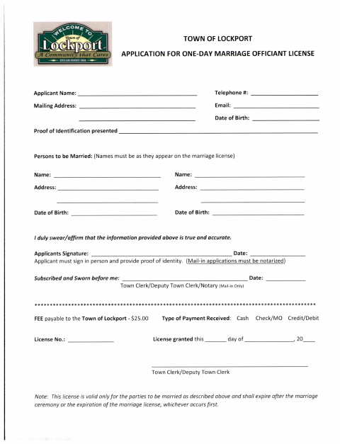 First page of the One-Day Marriage Officiant License Application