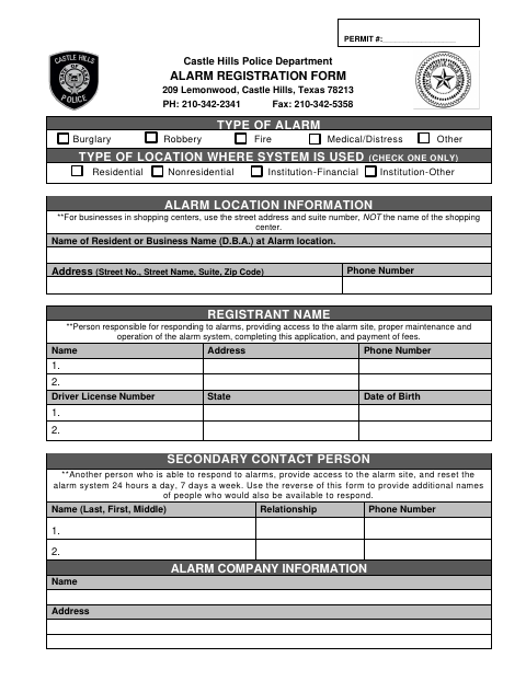 First page of the Alarm Registration Form