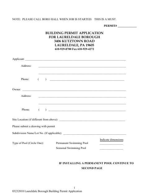 First page of the Swimming Pool Permit Application