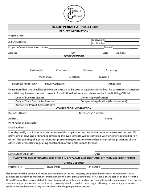 First page of the Trade Permit Application
