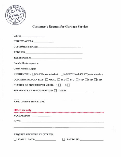 First page of the Garbage Change Form