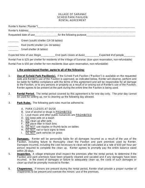 First page of the Scheid Park Pavilion Rental Agreement