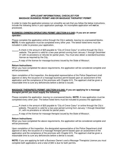 First page of the Massage Business and Therapist Permit Applications