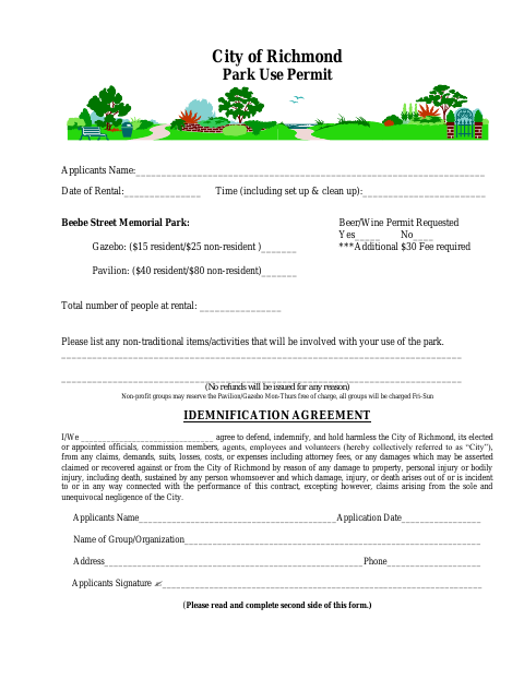First page of the Park Use Permit