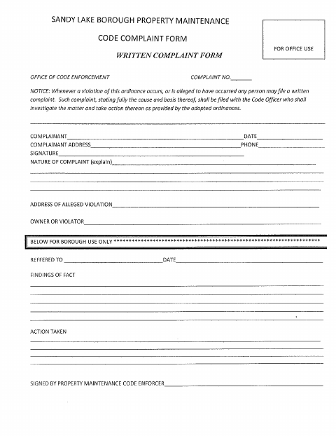 First page of the Property Maintenance Code Complaint Form