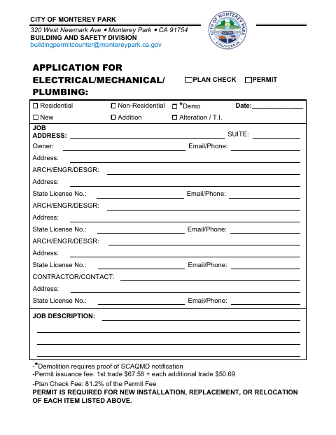 First page of the Electrical/Mechanical/Plumbing Plan Check Permit Application