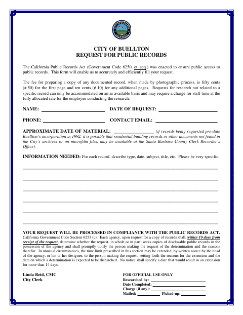 First page of the Request for Public Records