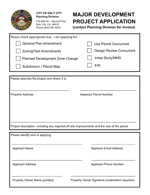First page of the Major Development Project Application