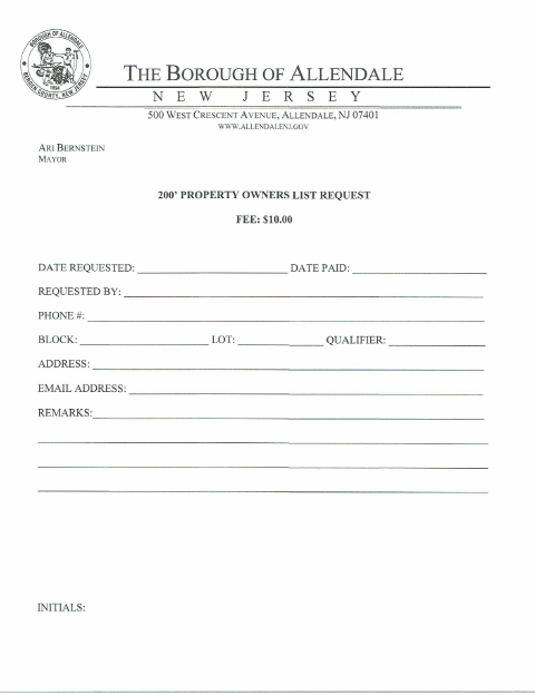 First page of the 200ft Property Owners List Request