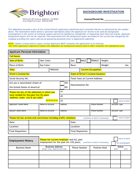 First page of the Background Investigation Form