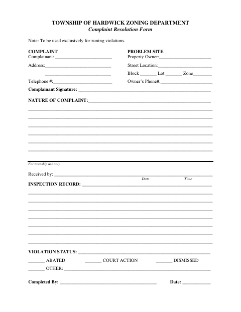 First page of the Zoning Complaint Resolution Form