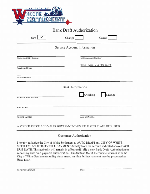 First page of the Bank Draft Authorization