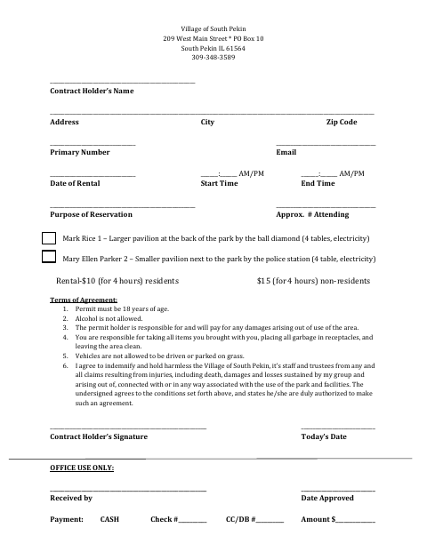 First page of the Pavilion Reservation Application