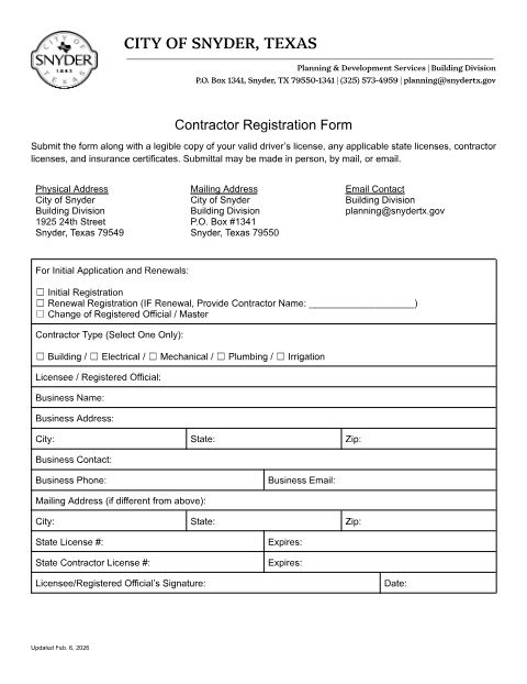 First page of the Contractor Registration Form