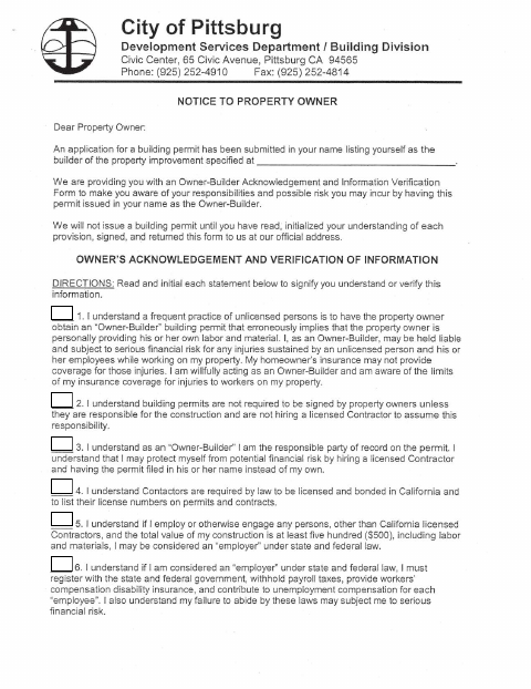 First page of the Homeowner's Declaration (Owner-Builder Acknowledgement)