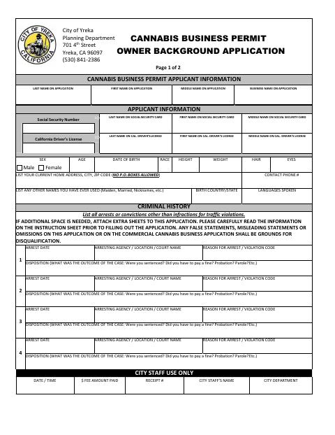 First page of the Cannabis Business Permit Owner Background Application