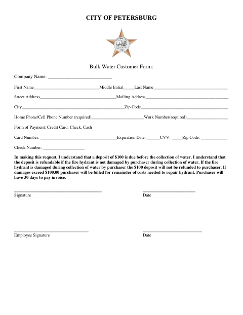 First page of the Bulk Water Customer Form