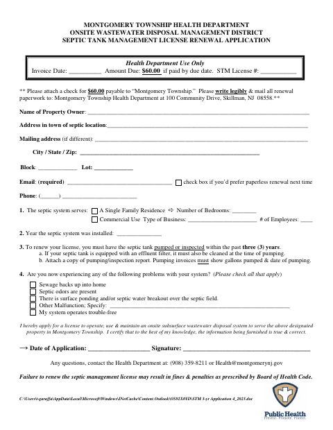 First page of the Septic Tank Management License Renewal Application