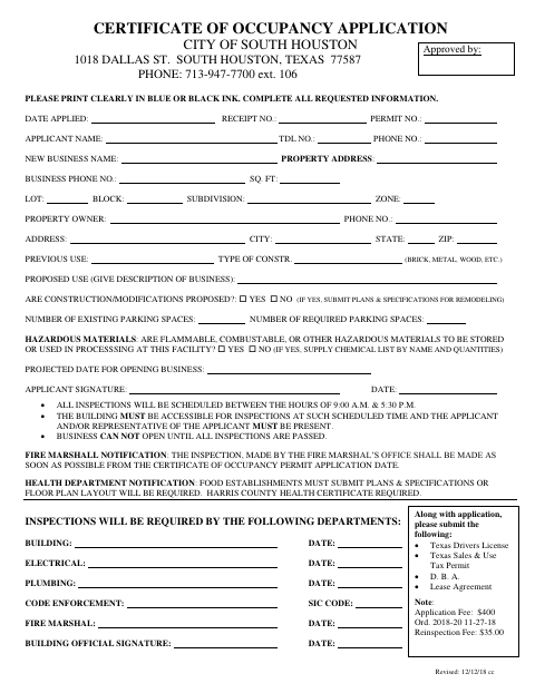 First page of the Certificate of Occupancy Application
