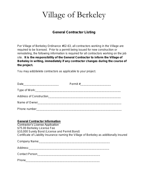 First page of the General Contractor Listing