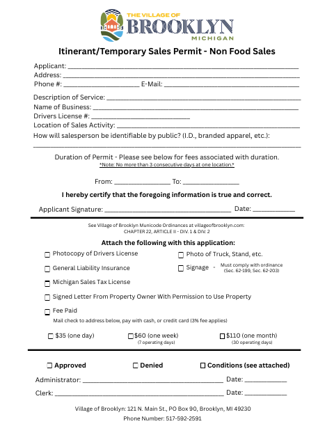 First page of the Itinerant/Temporary Sales Permit – Non-Food Sales
