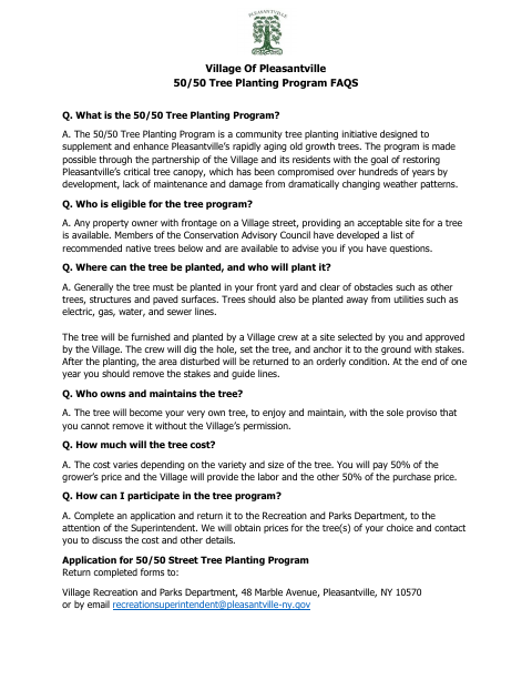 First page of the 50/50 Tree Planting Program Application and Agreement