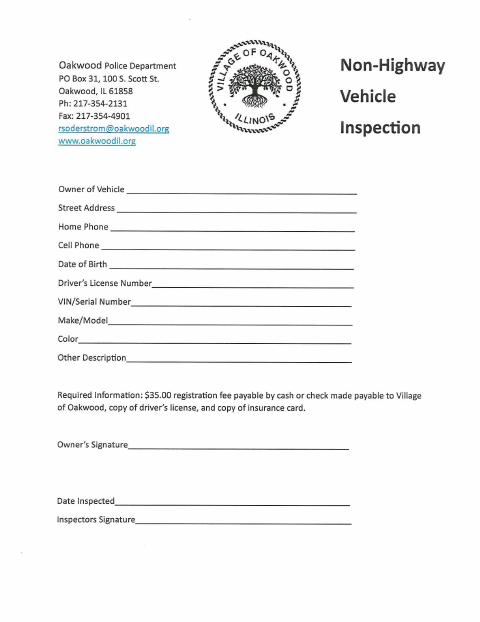 First page of the Non-Highway Vehicle Inspection Form