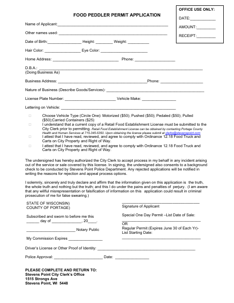 First page of the Food Peddler Permit Application