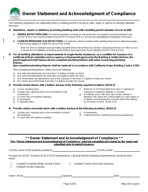 First page of the Smoke Alarm and Carbon Monoxide Detector Owner Statement and Acknowledgment of Compliance