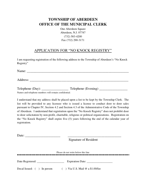 First page of the No Knock Registry Application